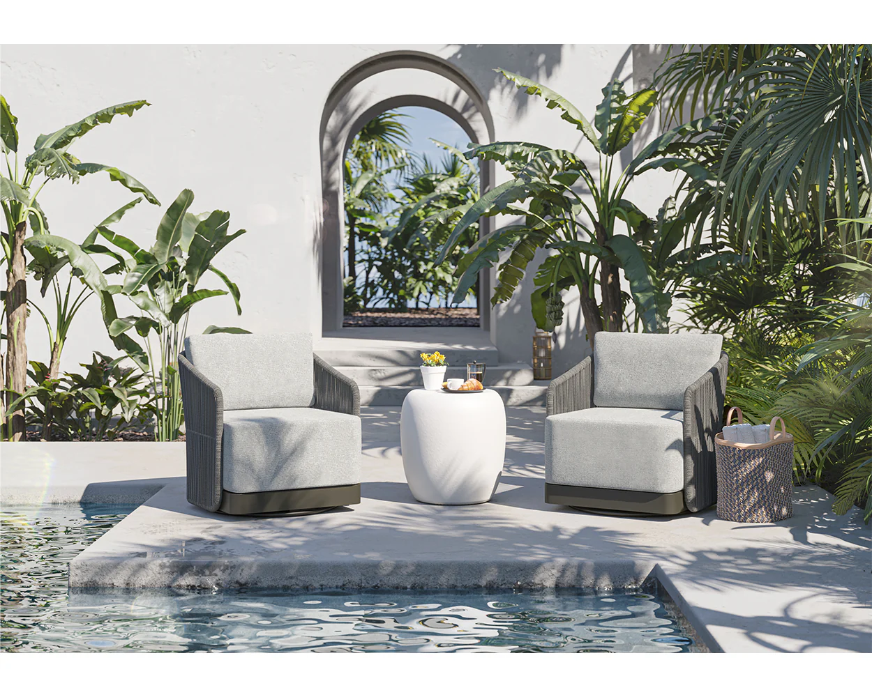 Allariz Swivel Armchair in Warm Grey Fabric - Modern Upholstered Lounge Chair with 360° Rotation - Image 2